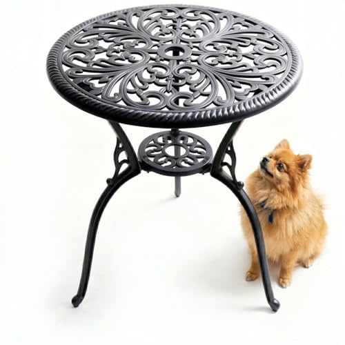Homeology BANGUI Outdoor Bistro Table Cast Aluminium Black, Garden Patio Round Table with Parasol Hole, Weather Resistant Rustproof Metal Furniture for Balcony Decking Terrace