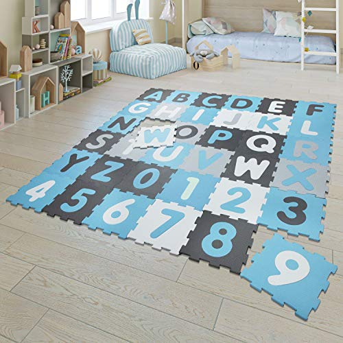 TT Home Spielmatte Puzzlematte Kindermatte Schaumstoff Buchstaben Zahlen 36 Puzzleteile, Farbe: Blau, Größe:32x32 cm x 36 Stück