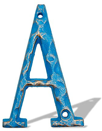 5 Inch House Numbers- Unique Cast Iron Metal Address/Mailbox Number for Outside or Front Door, Handmade Gold & Blue Finish (Letter A)