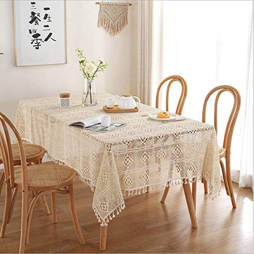 BMIDRUT Häkel-Tischdecken aus Baumwolle, Spitzendeckchen, Vintage, rechteckig, gehäkelt, Tischdecke, Tischdekoration, Hochzeit, Zuhause, Party, Tischdekoration, 140 x 200 cm, Beige