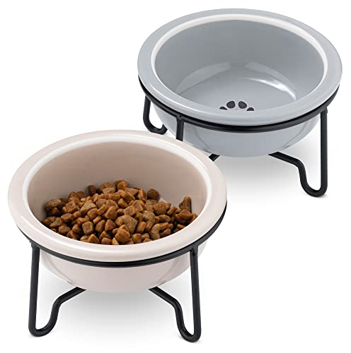 Navaris Ceramic Cat Bowls with Stand - 2x Cat Food Bowls - Elevated Double Bowl with Holder for Cats & Small Dogs Raised Metal Wire Stand
