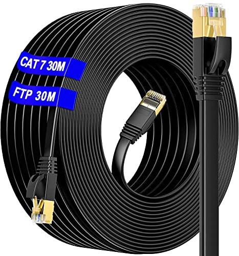 Ethernet Cable 30m Cat 7 Outdoor & Indoor, SSTP High Speed Internet Cable Flat 600MHz 10Gbps, Anti-Oxidation Waterproof Long Ethernet Cable 30m, RJ45 Lan Cable(30 Free Clips), For Router/Modem/Switch