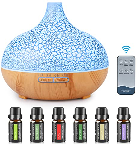 Aroma Diffuser, 550 ml Ultraschall Befeuchter mit Fernbedienung, GuKKK Holzoptik Aromatherapie Düfte Luftbefeuchter, 7 Farben LED, Fernbedienung mit Timer-Einstellung, für Schlafzimmer, Yoga, Büro