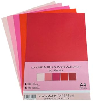 DJP Lot de 50 feuilles de papier teinté rouge et rose 160 g/m² – 5 couleurs, 50 feuilles – 10 de chaque couleur