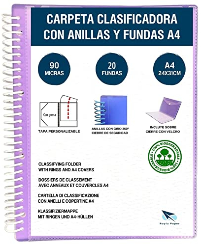 Raylu Paper® Cartella classificatrice con anelli con buste trasparenti A4 da 90 micron e busta con chiusura in velcro, coperchio personalizzabile. Cartella di buste 100% biodegradabile (20