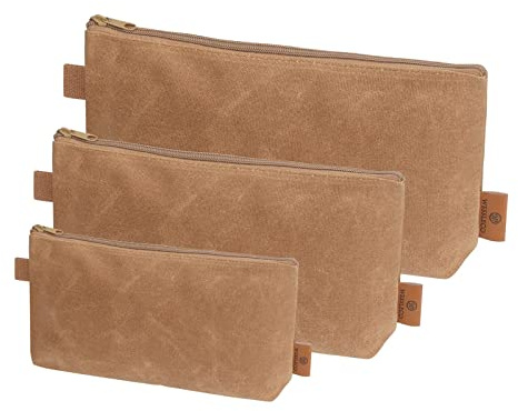 Wessleco Canvas Zipper Pouch, 3 Pack Small Tool Pouch Organizer, Heavy Duty 16OZ Waxed Canvas Mini Zipper Bag Pouch, 5.7/6.7/12.3 Inch Tool Multipurpose Water Resistant Storage Pouches