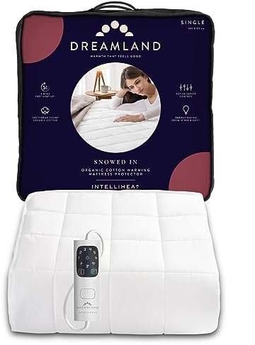 Dreamland Electric Mattress Protector Single Size – Snowed In Organic Cotton, Fitted Sheet style, Fast Heat-Up, Timer with 6 Heat Settings,1 x Detachable Controllers, Machine Washable, 190 x 90cm