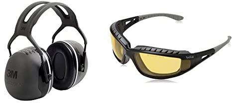 Peltor 3M X5A Ear Defenders with Headband, 37 dB, Black & Bolle TRACPSJ Tracker Glasses Nylon Frame Anti-Scratch and Fog Lens, Black/Yellow