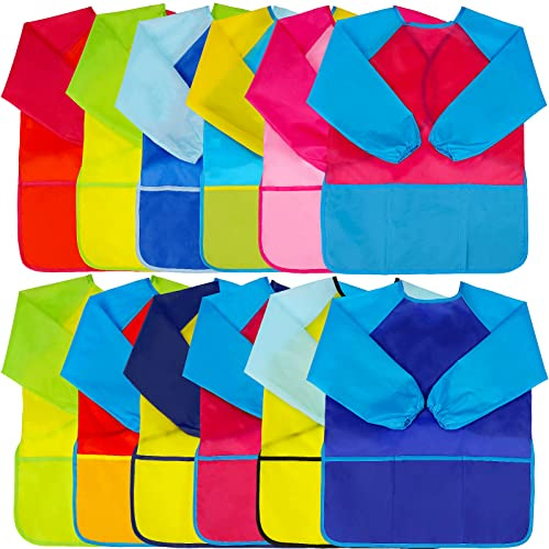 Zkptops 12 Pack Kids Art Smocks Waterproof Kid Painting Aprons Toddler Art Smock Kids Paint Smocks with Long Sleeve 3 Roomy Pockets for Age 3-7 Years