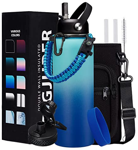 Botella de agua de acero inoxidable de 40 onzas, botella de agua aislada con popote y tapas de boquilla, cuerda de paracaídas de supervivencia, funda de correa, alfombrilla protectora para taza, termo