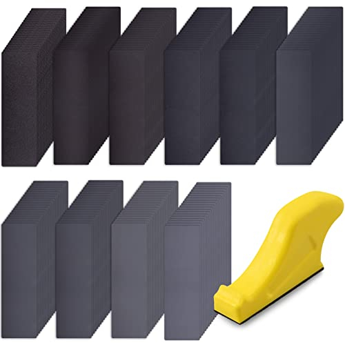 SIQUK 200 Stück Schleifpapier Nass mit Schleifklotz Set Schleifpapier Körnung 120/180/240/320/400/800/1000/1200/2000/3000 Schleifpapier Sortiment Sandpapier für Schleifen und Polieren