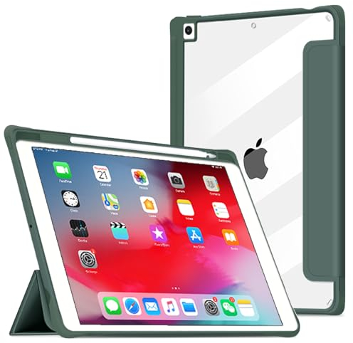 VAGHVEO Custodia per iPad Air 3ª 2019 10.5 con Portapenne, iPad Pro 10,5 2017/iPad 9/8/7ª Generazione 10,2 Pollici Case, Trifold Stand Case in Pelle PU con Retro Trasparente Cover, Verde Scuro