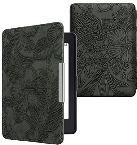 kwmobile Klapphülle kompatibel mit Amazon Kindle Paperwhite Hülle - eReader Case (für Modelle bis 2017) - Blumen im grünen Relief Grün