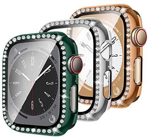 3 Pack Custodia per Apple Watch Series 6/5/4/SE 40mm, Custodia per PC rigido in cristallo Bling donna con protezione dello schermo in vetro temperato HD per iWatch, Blu tibetano+Oro rosa+Argento