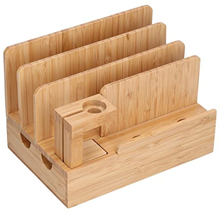 Holz Ladestation für Mehrere Geräte, 21,5 x 14,5 x 14,6 cm 4 Fächer Desktop Handy Docking Holder USB Multi Charger Organizer Dockingstationen Kompatibel mit Telefon, Tablet, Uhr, Ohrhörern