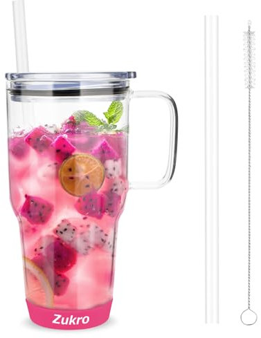 Zukro 32 oz Drinking Glass Tumbler with Handle, Iced Coffee Cup with Straw and Lid, Reusable Glass Bubble Tea Water Cup With Silicone Bumper, Fits In Cup Holder, Dishwasher Safe, BPA Free, Watermelon