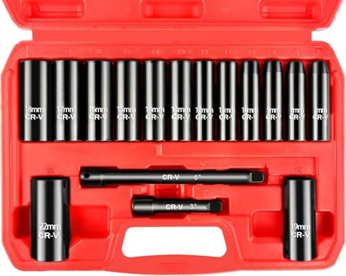 WETT 3/8-Inch Drive Deep Impact Socket Set, 16 Piece Metric Socket Set, 6 Point, Cr-V Steel, 7-22mm Sockets with 3, 6 Extension Bar