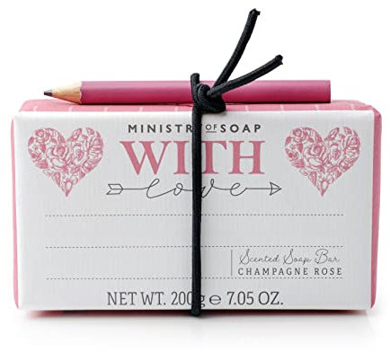 Ministry of Soap With Love Champagne Rose Scented Soap Bar, with Gift Note and Pencil to Create Your Own Personalised Gift 200g