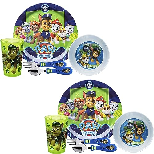 zak! 5-teiliges Geschirr-Set, Paw Patrol, 2 Stück, robuster Kunststoff und Edelstahl, enthält je zwei Gläser: Becher, 20,3 cm Teller, 15,2 cm Schüssel, Gabel und Löffel, geeignet für Kinder ab 3