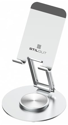 STILGUT Klappbarer Handy Ständer für den Tisch, 360°-Drehbare Handy Halterung aus Aluminium, kompatibel mit iPhone 15 14 13 12 11 Pro Xs X 8, Galaxy, alle Smartphones, Round, Silber