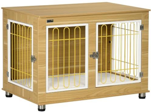 PawHut Dog Crate Furniture Indoor for Large Breeds 90 x 58 x 65 cm Oak | Dog Kennel Side End Table with Cushion, Double Doors