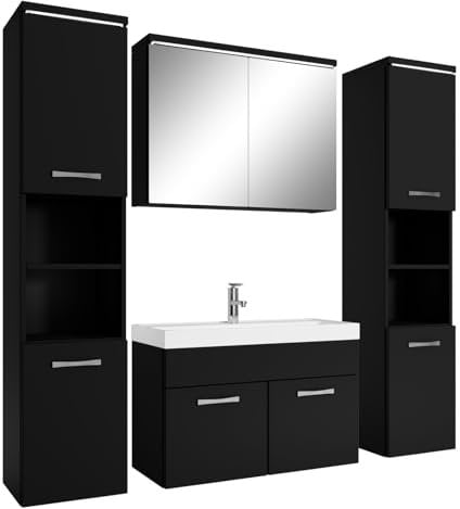 Badezimmer Badmöbel Set Paso XL LED 80cm Waschbecken Mat Schwarz - Unterschrank 2X Hochschrank Waschbecken Möbel