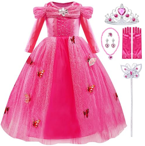 LiUiMiY Vestito Principessa Bambina Carnevale Abito Costume Bambini Manica Lunga Halloween Natale Festa Nuziale Rosa con Accessori, 128-134 (Etichetta 130)