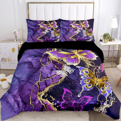 VTRXEG Housse De Couette Papillon 200x200, Douces Et Confortables Violet Papillon Parure De Lit,avec Fermeture Éclair Microfibre Housse De Couette Et 2 Taie d'oreiller 50x75 Cm (A, 200x200cm)