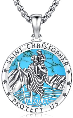 Heiliger Christophorus Anhänger | 925 Sterling Silber Heiliger Medaille | Heiliger Christophorus Halskette | Religiöser Amulett Kette Schmuck für Herren Damen (Saint Christophorus-E)