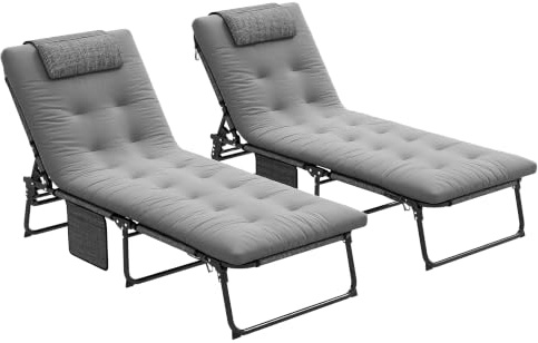 Outsunny Lot de 2 Transats Bains de Soleil Pliable 4 Positions Gris | Dossier Inclinable, Appui-Tête, Matelas Épais Ultra Confortable, Tissu Textilène et Acier