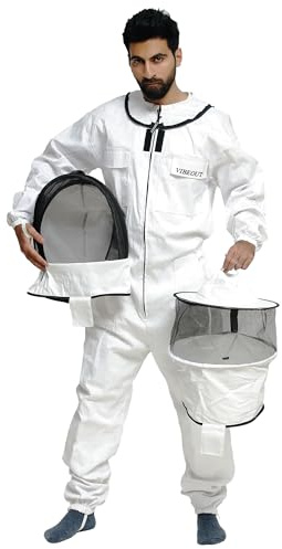 VIBEOUT Bee Suit Full Body Polycotton Beekeeping Clothes Fencing & Round Dual Veil Hood Hat Protective Beekeeper Suit Jacket Coat and Trouser Beekeeper Equipment for Men & Women (White, Large)