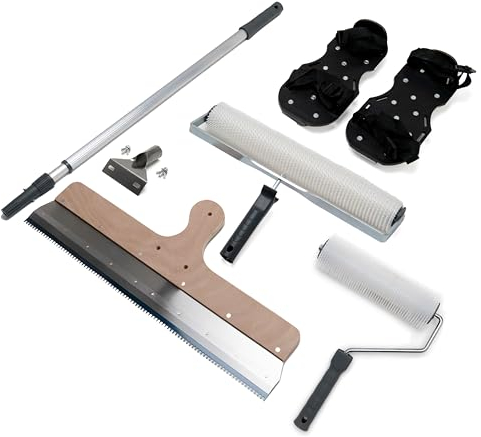 Epoxidharz Bodenbeschichtung Werkzeug Set 5tlg, Ausgleichsmasse Verarbeitungswerkzeug Kit | 40cm und 25cm Entlüftungsroller | Teleskopstiel | Stehrakel | Nagelschuhe