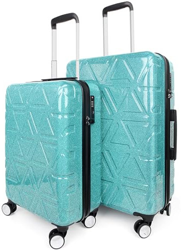 Newcom Gepäck Glitzer Schimmer Geometrische Prägung Rollkoffer Damen Hartschalenhülle Sparkle ABS + PC, grün, 2 Stück, Gepäck-Set