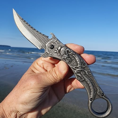 Carambit Messer Drache Edelestahl Gross, Massive Ausführung, Einhandbedienung