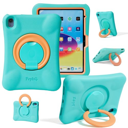 NLR FUN Estuche para Niños para iPad, Funda a Prueba de Golpes para iPad A16 11” (2025) / 10,9” 10.ª Gen (2022), Funda Protectora Ligera de Cuerpo Completo con Asa/Soporte Plegable (Menta+Naranja)