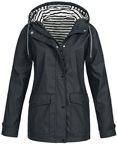 loobun Manteau de pluie pour femme à capuche avec cordon de serrage - Veste respirante et imperméable avec fermeture éclair - Coupe-vent - Grande taille - Coupe-vent léger, A01-noir., XL