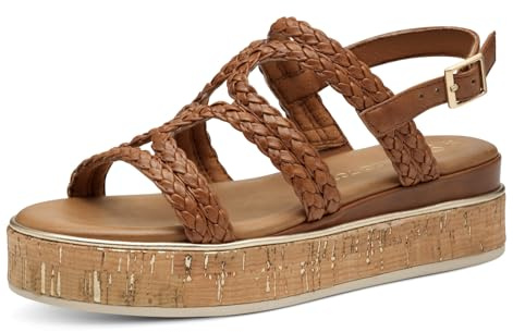 MARCO TOZZI Damen Sandalen flach mit Schließe Plateau, Braun (Cognac), 40 EU