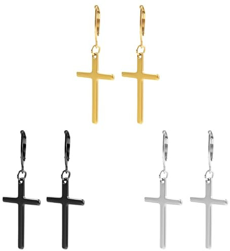 3 Paar Kreuzohrringe, Stilvoll Edelstahl Ohrhänger für Männer Gold Schwarz Silber Kruzifix Kreuzohrringe für Männer Schmuck Geschenk