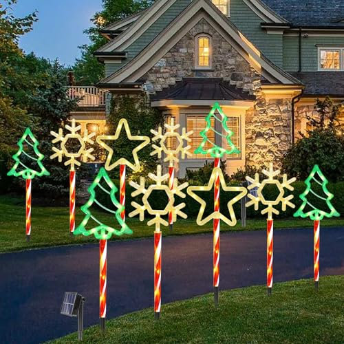10pcs Solar Christmas Snowflake Pathway Lights Outdoor, Christmas Tree Star Garden Stake Lights with 8 Modes,Waterproof Xmas Walkway Candy Lights(2Sets)