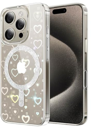 DEVASO Magnetisch Hülle für iPhone 16 Pro Kompatibel mit MagSafe, Farbverlauf Glitzer Herz Muster Transparent Handyhülle, Durchsichtige Flash Hologramm Kratzfest Schutzhülle für Mädchen Frauen