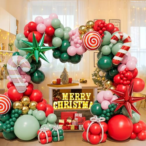 196PCS Christmas Balloon Garland Arch kit with Red Green Pink Gold Candy Cane Red and Green Exploding Star Foil Balloons for Xmas Party Decorations New Year