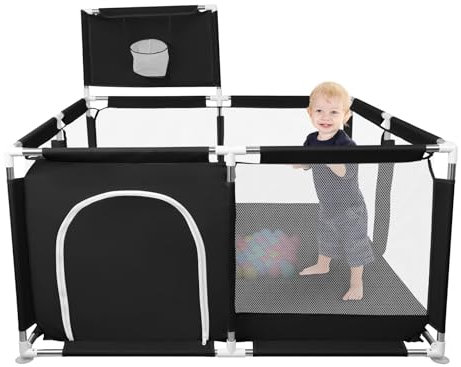 Laufstall für Babys, 126 cm x 126 cm, zusammenklappbar, mit 50 Spielzeugbällen, robustes Material, stabile Struktur, starke Nähte (Schwarz, L 126 cm x B 126 cm x H 66 cm)