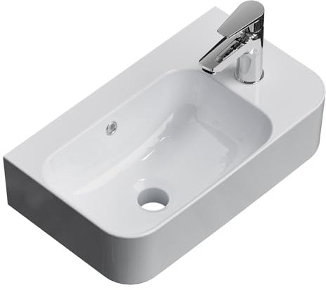 EMKE Lavabo Suspendu 450 x 265 x 156 mm – Lavabo Compact et Élégant pour Petites Salles de Bain et WC Invités – Robinet à Droite, Installation Murale, Blanc Brillant