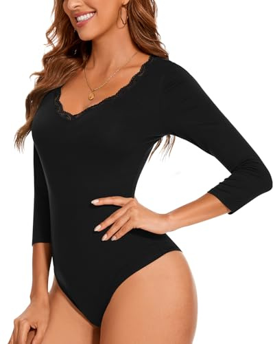WOWENY Body 3/4 Arm Femme Élégant Dentelle Body Chemise Manches Trois-Quarts Haut Col V T-Shirt Body Justaucorps