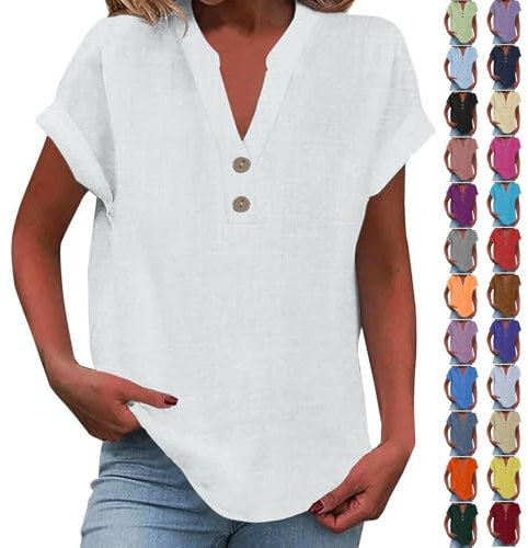 Deals of The Day Top Damen Guenstig Shirt Sommer Damen Leicht Kurzarm V-Ausschnitt Knopf Lässige T-Shirts Bluse Lose Tunika Tops Pullover Oberteile Damen Sale Sommer