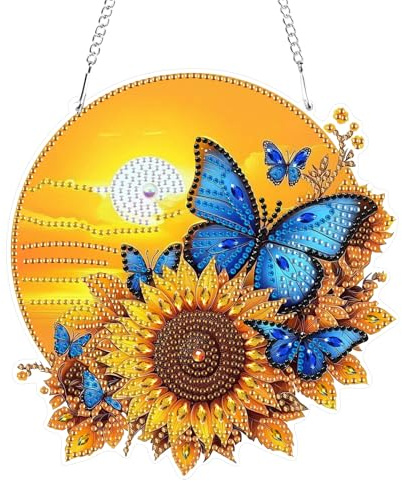 GHHKUD Diamond Painting Fensterbilder Beidseitige, Diamond Painting Sonnenblume Schmetterling Anhänger mit Kette, Diamant Painting Bilder Kristall Malerei Anhänger, Wandbehang Kits für Wand Decor