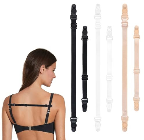 6 Pcs Bra Strap Clips, Bra Strap Holders for Slipping, Racer Back Conceal Bra Straps Non-slip Elastic Cleavage Control (White, Black, Skin Color)