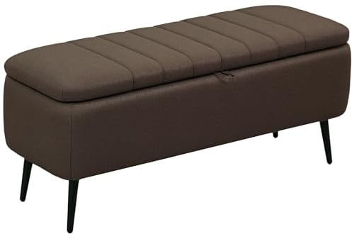 HOMCOM Storage Ottoman with Flip Top, Rectangular Upholstered Bench, Linen Look Fabric Footstool with Steel Legs for Living Room, Bedroom, Dark Brown