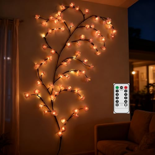 Luz de árbol de cerezo de 47 pulgadas con control remoto, 48 luces LED de ramas de cerezo para pared, 8 modos de iluminación y temporizador, decoración de interiores flexible para el hogar, Navidad