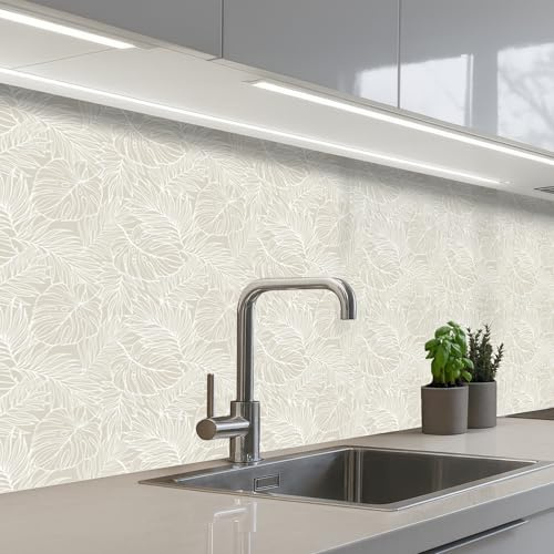 KitchenYeah© Crédence Adhésive Résistant À La Chaleur Protection Mur | 60x200 cm - Cuisine Panneaux Muraux Adhesif Panneau Decoratif Interieur Feuilles - Beige - Monstera - Palmier
